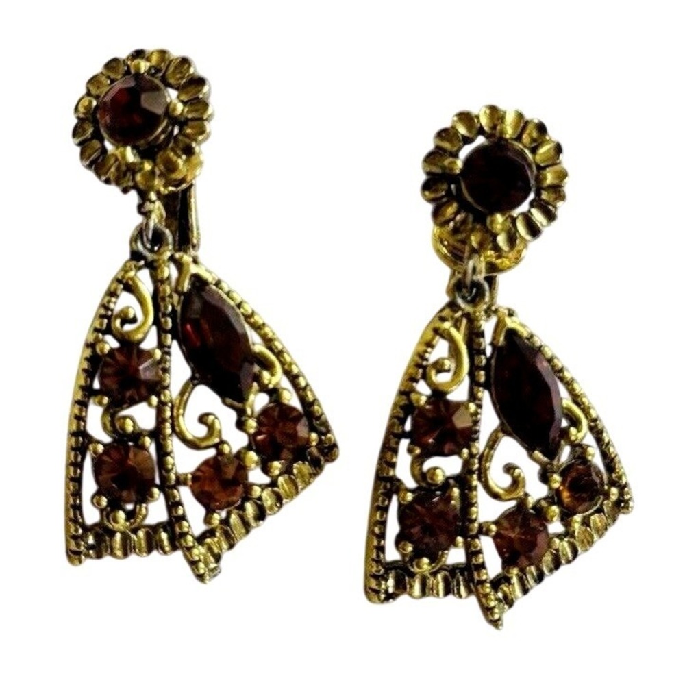 Clip Earrings VTG Crystal Rhinestone Dangle Filigree Regal Retro Gold tone 60s